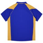 Short-sleeve polo shirt, mostly blue with yellow side and shoulder panels, viewed from the back.