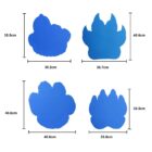 Four blue animal paw print shapes, each with different designs and labeled measurements in centimeters. Top left: 35.5x35.2 cm. Top right: 38.7x40.6 cm. Bottom left: 40.6x40.6 cm. Bottom right: 35.5x33.6 cm.