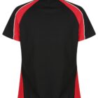 Back view of a black polo shirt with red side panels and white piping on the sleeves.