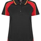 Black polo shirt with red and yellow accents on shoulders, sleeves, and collar.