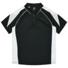 Black and white short-sleeve polo shirt with a collar and three buttons.
