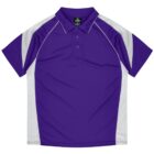 Purple and white short-sleeve polo shirt with collar and three buttons.