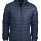 Navy blue quilted puffer jacket with front zipper and zippered side pockets.