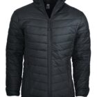 Black quilted puffer jacket with front zipper and side pockets, displayed on a white background.