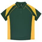 Green and yellow short-sleeve polo shirt with a collar and three buttons.