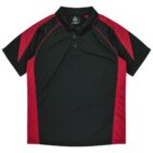 Black polo shirt with red side panels and short sleeves, laid flat on a white background.