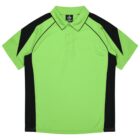 Lime green polo shirt with black side and shoulder panels, short sleeves, and a collar.