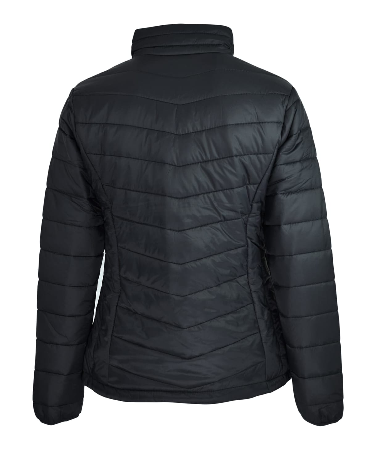 Black puffer jacket shown from the back on a white background.
