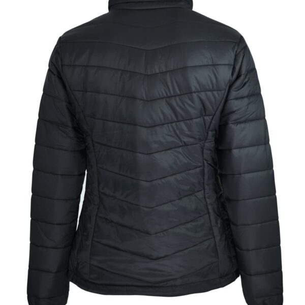 Black puffer jacket shown from the back with horizontal and chevron stitching.
