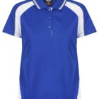 Blue and white short-sleeve polo shirt with collar and three buttons, front view.