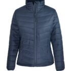 Navy blue puffer jacket with front zipper and zippered side pockets.