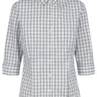 Gray and white checkered button-up shirt with three-quarter sleeves.