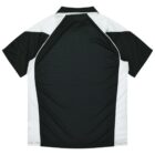Back view of a black and white short-sleeve polo shirt with a collar.