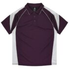 Purple and white short-sleeve polo shirt with buttons and a collar, laid flat.