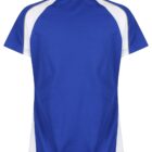 Back view of a blue short-sleeve polo shirt with white side and shoulder panels.