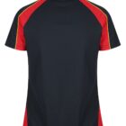 Black polo shirt with red sleeves, yellow piping, and a collar, viewed from the back.