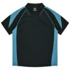 Black polo shirt with teal shoulder and side panels, and a three-button collar.