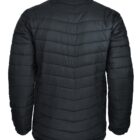 Black puffer jacket, viewed from the back, with horizontal quilted stitching.