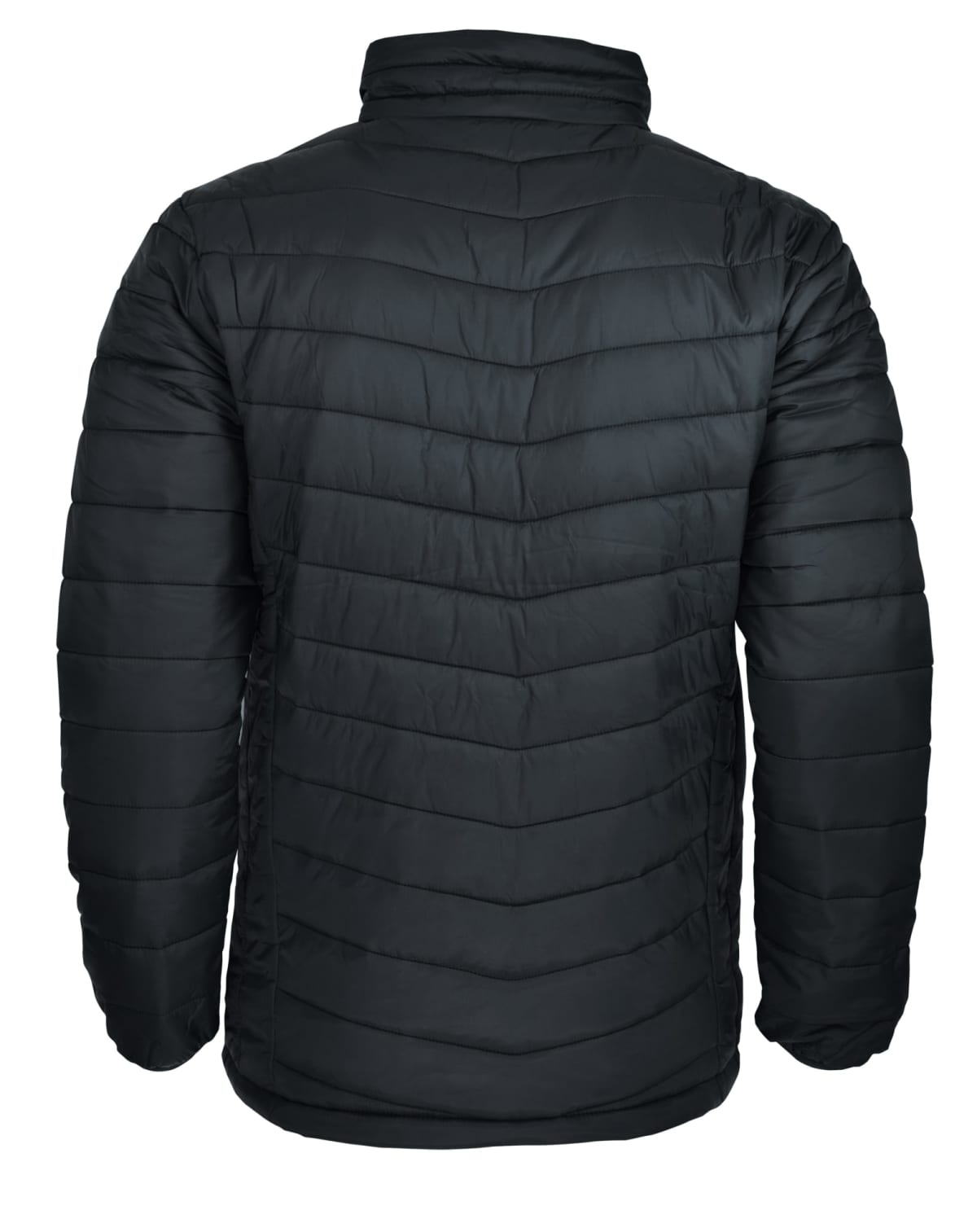 Black puffer jacket, viewed from the back, with horizontal quilted stitching.