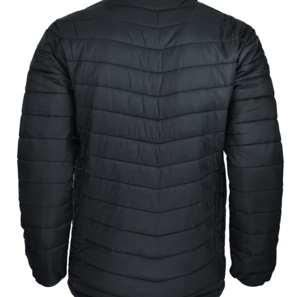 Black puffer jacket with horizontal stitching, shown from the back against a white background.