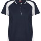 Navy blue and white short-sleeve polo shirt with a collar and button placket.