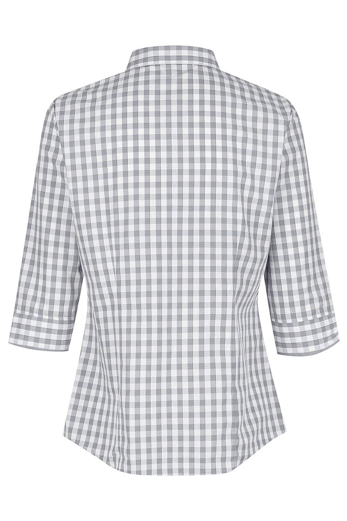 Back view of a gray and white checkered blouse with three-quarter sleeves.