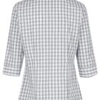 Back view of a gray and white checkered short-sleeve blouse.