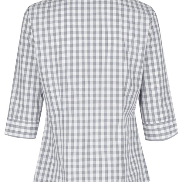 Back view of a gray and white checkered short-sleeve blouse.