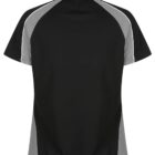 Black polo shirt with gray side panels and white piping, shown from the back.