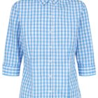 Blue and white checkered button-up shirt with three-quarter sleeves.