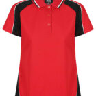 Red polo shirt with black side panels and white-striped collar, short sleeves.