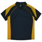 Short-sleeve polo shirt with black body and gold panels on shoulders and sides.