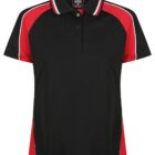 Black polo shirt with red side panels and white-striped collar and shoulder accents.