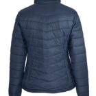 Navy blue puffer jacket shown from the back with horizontal stitching.