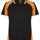 Black polo shirt with orange shoulder panels and white trim accents.