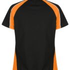 Black polo shirt with orange side panels and white piping, shown from the back.