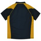 Back view of a short-sleeve sports shirt in dark blue with yellow side panels and shoulders.