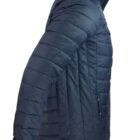 Navy blue puffer jacket shown from the side on a white background.
