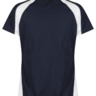 Navy blue polo shirt with white side panels, viewed from the back.