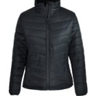 Black quilted puffer jacket with front zipper and zippered side pockets.