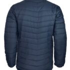 Navy blue puffer jacket shown from the back, featuring horizontal quilted stitching.