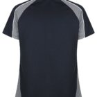 Navy blue short-sleeve polo shirt with gray accents, shown from the back.