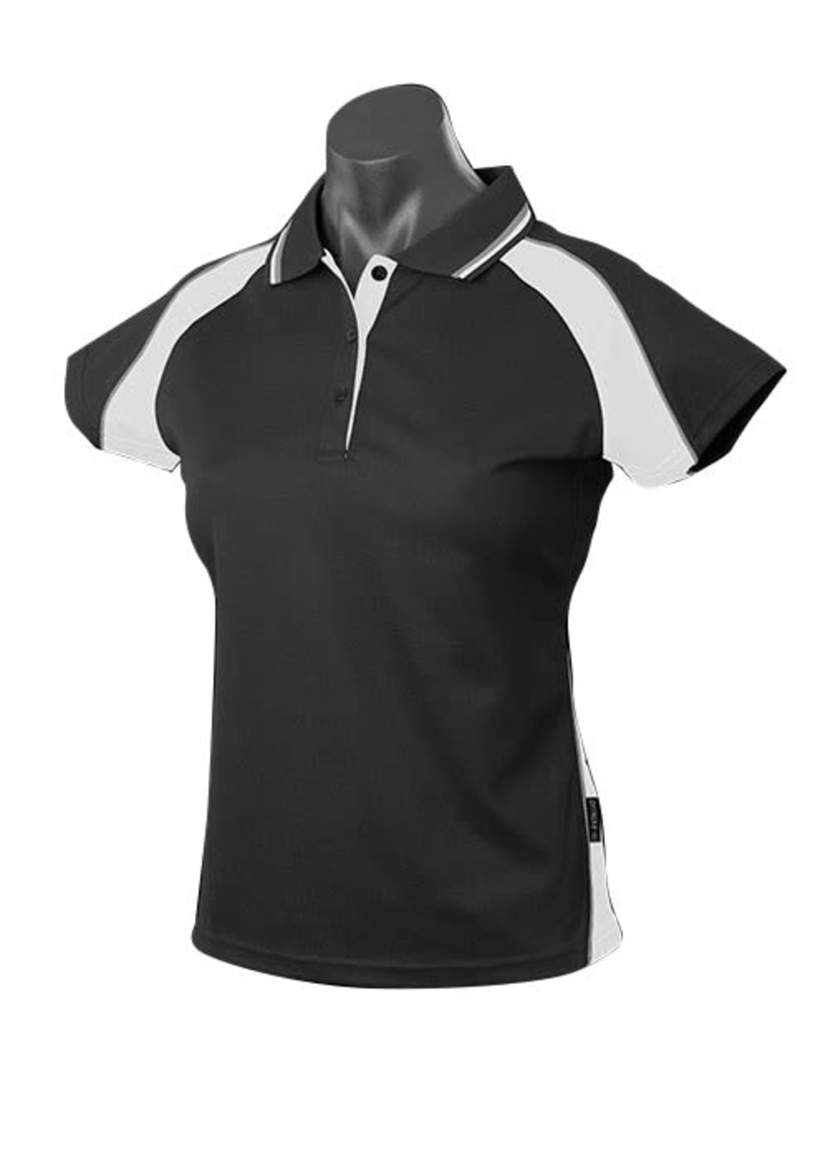 Black and white short-sleeve polo shirt on a mannequin torso.