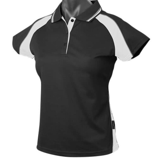 Black and white short-sleeve polo shirt on a mannequin torso.