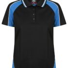 Black and blue short-sleeve polo shirt with white trim and a button-up collar.