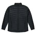 Black puffer jacket with front zipper, two zip pockets, and horizontal quilting.