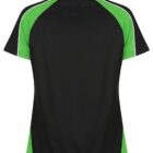 Black polo shirt with green side panels, white piping, and short sleeves, shown from the back.