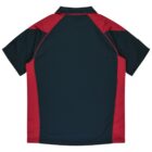 Navy blue polo shirt with red side and shoulder panels, shown from the back.