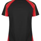 Black short-sleeve polo shirt with red and yellow accents, shown from the back.