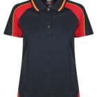 Black polo shirt with red side panels and yellow trim on the collar and shoulders.
